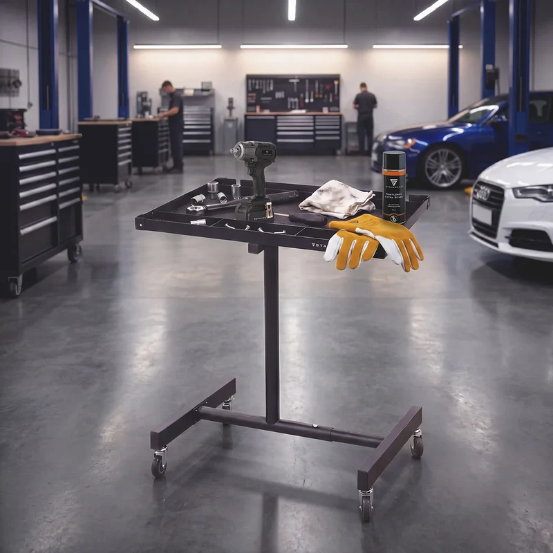 STAHLWERK Kfz-Wartungs- und Montagewagen mit Lenkrollen | Höhenverstellbarer Arbeitstisch | 87,3 – 125 cm | 100 kg Tragkraft | Mobile Werkbank | Ideal für Garage, Werkstatt, Autoreparatur und DIY