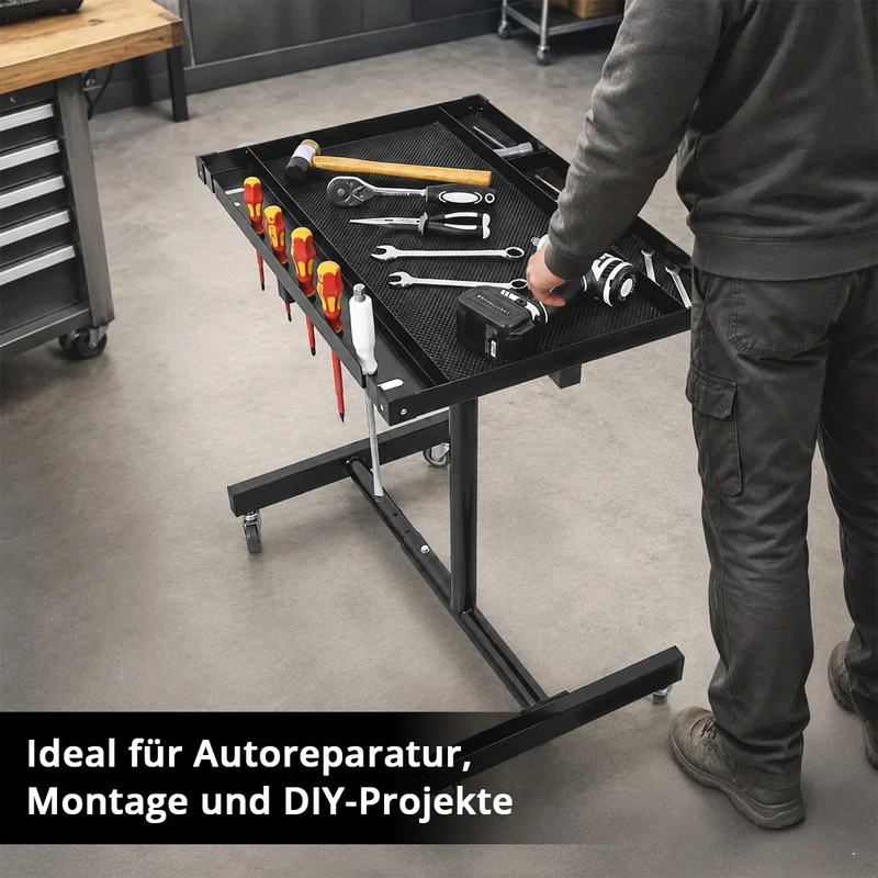 STAHLWERK Kfz-Wartungs- und Montagewagen mit Lenkrollen | Höhenverstellbarer Arbeitstisch | 87,3 – 125 cm | 100 kg Tragkraft | Mobile Werkbank | Ideal für Garage, Werkstatt, Autoreparatur und DIY