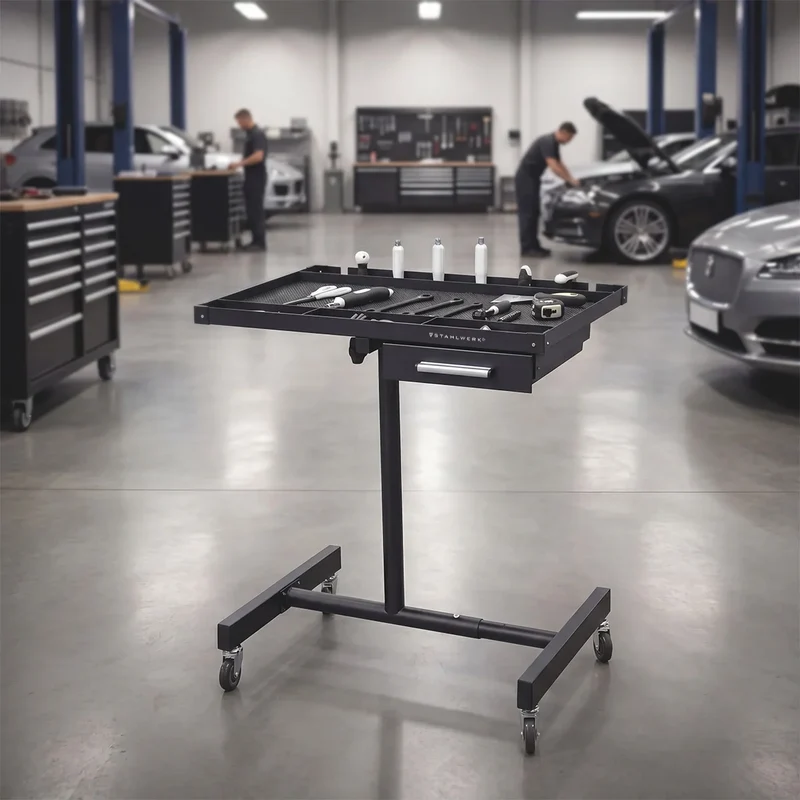 STAHLWERK Kfz-Wartungs- und Montagewagen mit Schublade | Höhenverstellbarer Arbeitstisch | 87,3 – 125 cm | 100 kg Tragkraft | Mobile Werkbank | Ideal für Garage, Werkstatt, Autoreparatur und DIY
