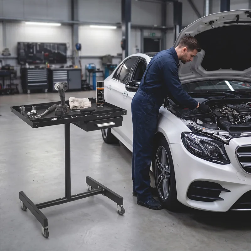STAHLWERK Kfz-Wartungs- und Montagewagen mit Schublade | Höhenverstellbarer Arbeitstisch | 87,3 – 125 cm | 100 kg Tragkraft | Mobile Werkbank | Ideal für Garage, Werkstatt, Autoreparatur und DIY