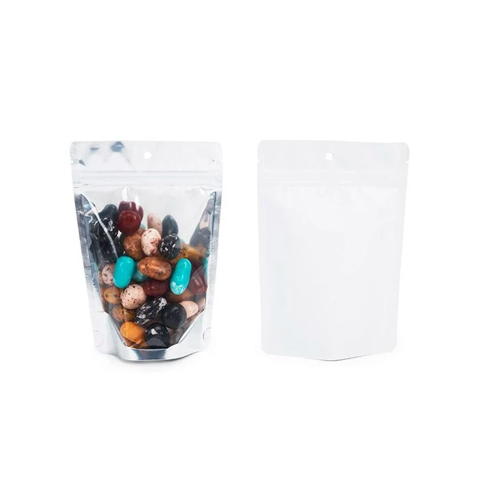 Standbodenbeutel Transparent/Weiß 12x7.5x18.5cm | 110 Gramm mit Aufhängeloch (100 Stück) [ZBGW46H]