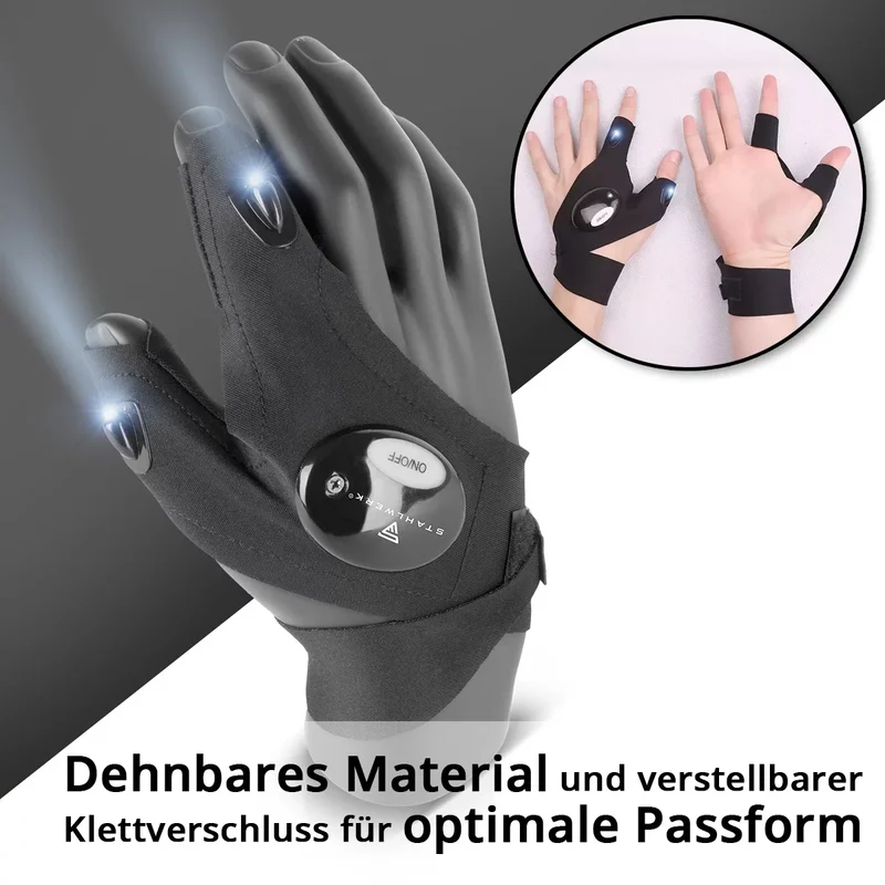 STAHLWERK LED-Handschuhe 2er Set | Helles Licht und freie Hände bei Reparaturen oder Montagearbeiten | Arbeitshandschuhe mit Licht | Universell einsetzbar | Einheitsgröße I Ideal für Mechaniker und Handwerker