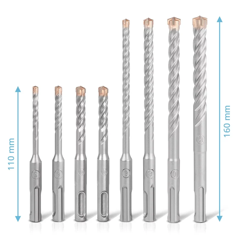 STAHLWERK SDS-Plus-Bohrer 8-teiliges Set mit Box | Durchmesser 5-12 mm | Kreuzschneide und Doppelwendel | Längen 110-160 mm | Steinbohrer und Betonbohrer für SDS-Plus Aufnahme 10 mm | Stark und präzise