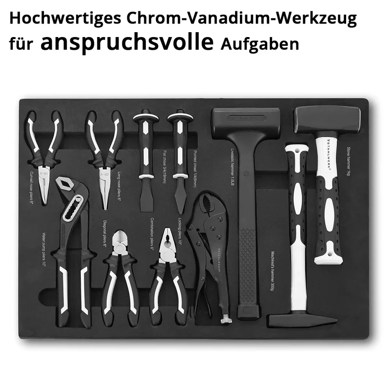 STAHLWERK 11-teiliges Profi-Werkzeug-Set mit Schaumstoffeinlage für Werkstattwagen | Hochwertiges Werkzeug in Werkzeugwageneinlage | Inklusive Zangen, Hämmer und Meißel