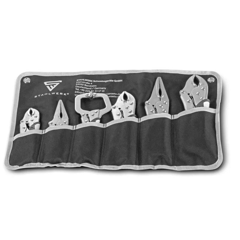 STAHLWERK Gripzangen Set 6-teilig Klemmbereich einstellbar | Langbeck-Gripzange 165/241mm | Gripzangen mit gebogenen Backen 127/178/254 mm | C-Klemme 152 mm | Ergonomische TPR Griffe | Rolltasche inklusive