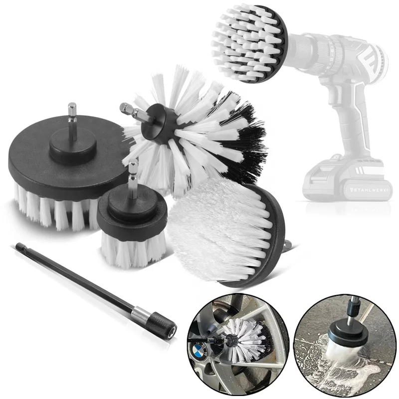 STAHLWERK Bürsten-Aufsatz 15er Set für Akkuschrauber und Bohrmaschinen, Reinigungs-, Polier- und Detailing-Bürsten mit Standard-Bit-Aufnahme inklusive Verlängerungs-Adapter