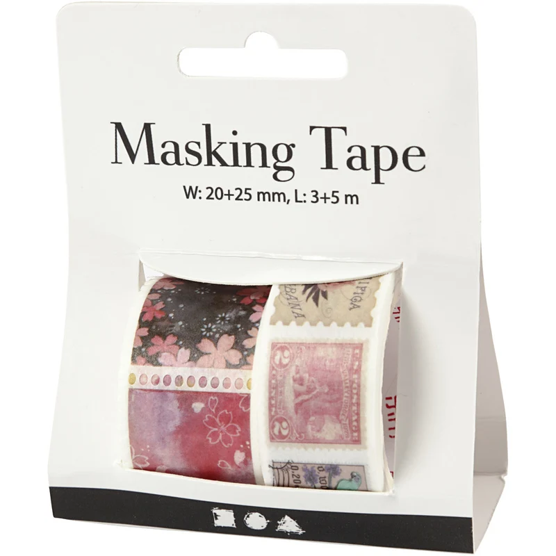 Washi Tape, Briefmarken- und Blumenmotive, L 3+5 M, B 20+25 mm, 2 Rolle/ 1 Pck [HOB-25244]
