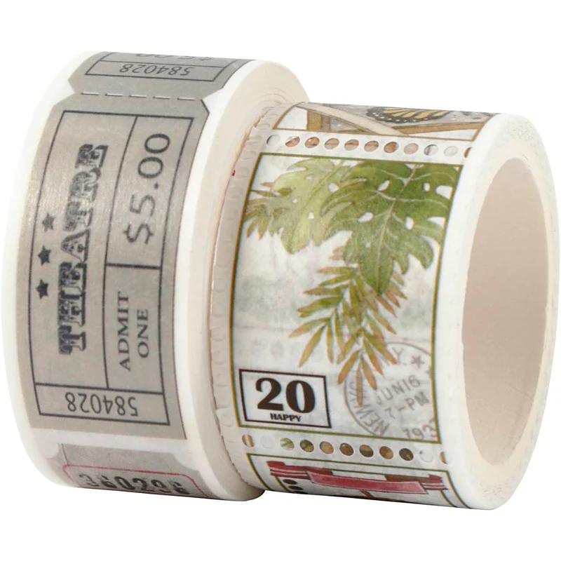 Washi Tape, Ticket- und Naturmotive, L 3+5 M, B 20+25 mm, 2 Rolle/ 1 Pck [HOB-25242]