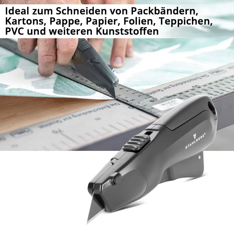 STAHLWERK Cuttermesser UCM-19 ST 3er Set mit Schnellwechsel-Klinge, automatischem Klingenrückzug und Sicherheitsverriegelung Cutter | Teppichmesser | Sicherheitsmesser | Paketmesser | Kartonmesser