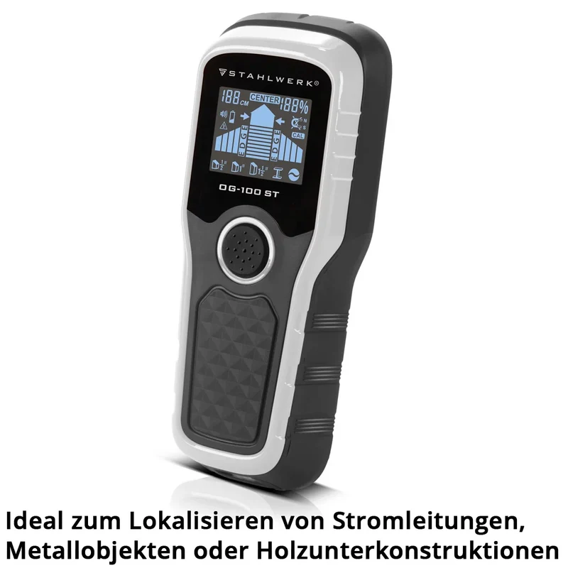 STAHLWERK Ortungsgerät OG-100 ST Wandscanner, Metalldetektor, Leitungssucher, Bolzendetektor, Kabelsuchgerät, Wanddetektor zum Orten von Stromleitungen, Metallobjekten oder Balken in Wand und Decke