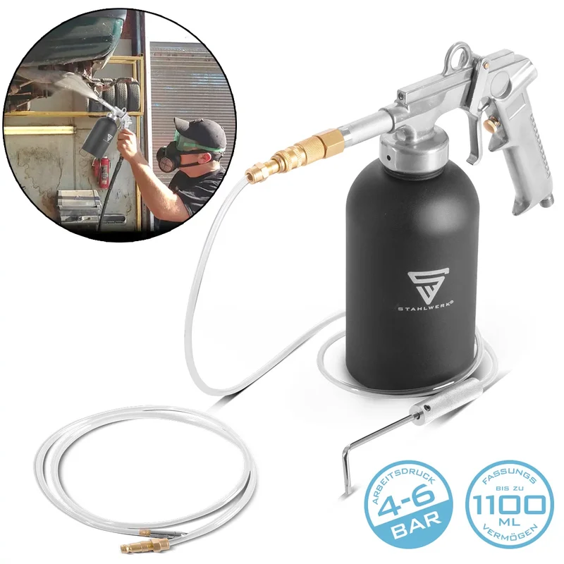 STAHLWERK Rostschutz-Sprühpistole 1100 ml 4-6 bar Hohlraumpistole | Druckbecherpistole | Unterbodenschutzpistole | Druckluftpistole | Hohlraumversiegelung | Korrosionsschutz