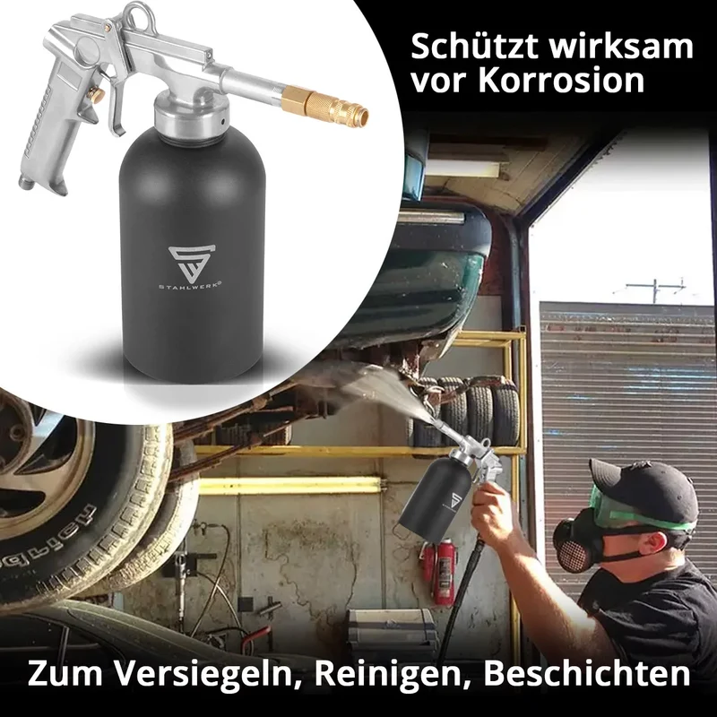 STAHLWERK Rostschutz-Sprühpistole 1100 ml 4-6 bar Hohlraumpistole | Druckbecherpistole | Unterbodenschutzpistole | Druckluftpistole | Hohlraumversiegelung | Korrosionsschutz