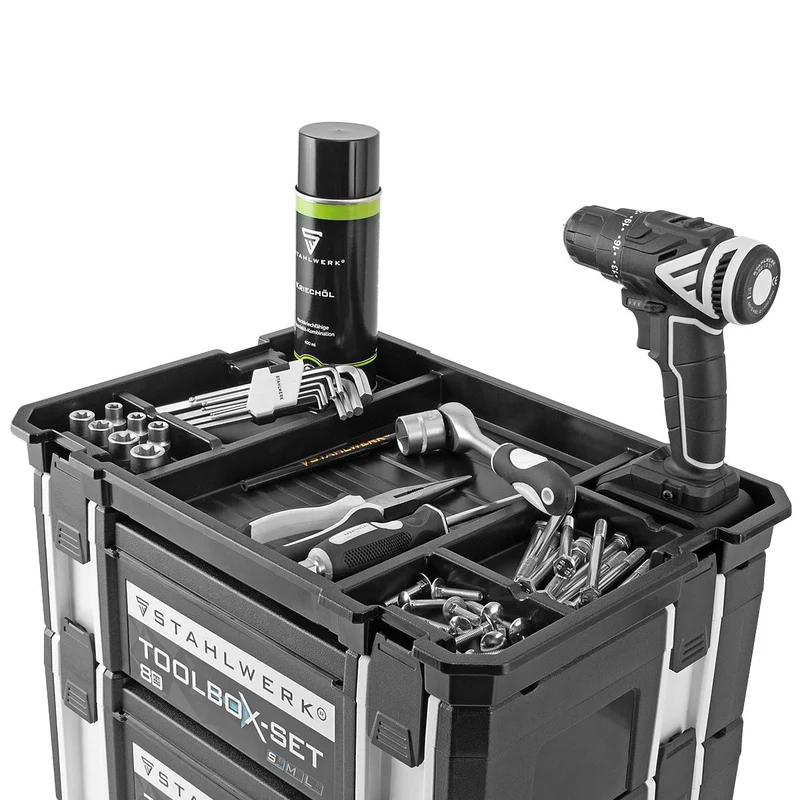 STAHLWERK Universal Toolbox Größe M 443 x 310 x 151 mm stapelbare Systembox | Werkzeugkiste | Werkzeugkoffer | Werkzeug-Organizer im Modul-System aus hochbelastbarem ABS-Kunststoff mit Tragegriff