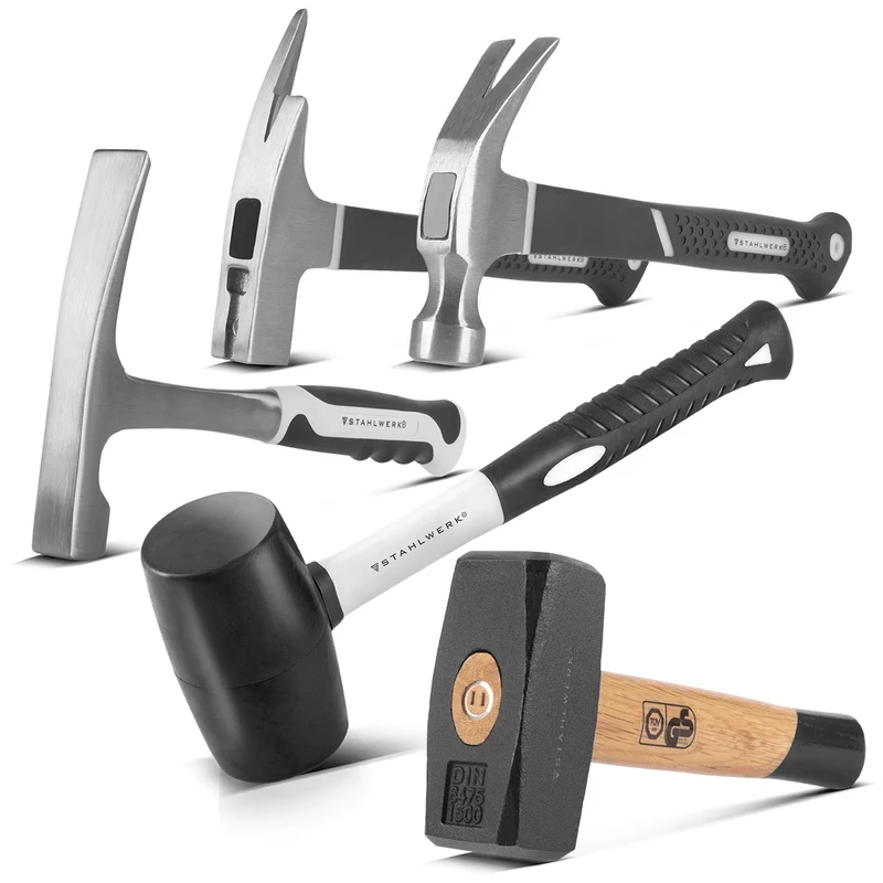 STAHLWERK Hammer 5er Set mit Fäustel, Klauenhammer, Maurerhammer, Latthammer und Gummihammer