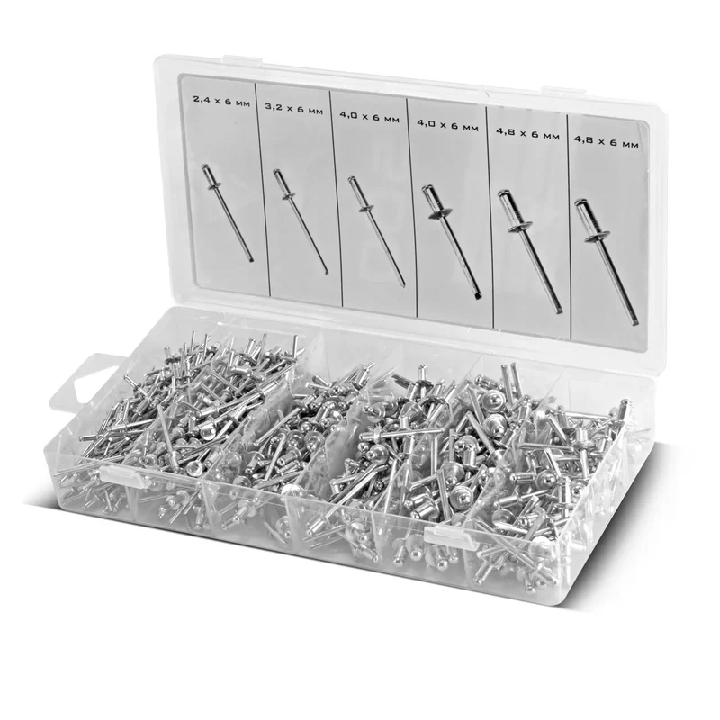 STAHLWERK Nieten Sortiment 1000-teilig | Blindnieten Set in praktischer Kunststoffbox | Nieten aus Aluminium in 4 verschiedenen Größen | Popnieten zur Verwendung mit Nietzangen