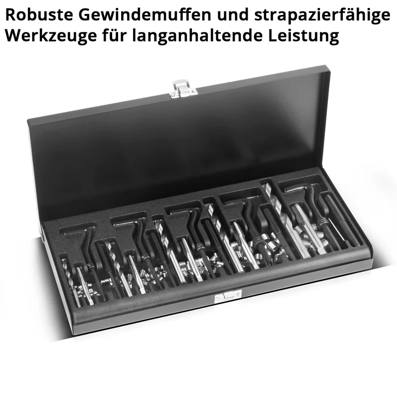 STAHLWERK Helicoil Gewinde-Reparatur-Set 131-teiliger Gewinde-Reparatur-Satz M5 M6 M8 M10 M12 Gewinde-Reparatur-Werkzeug mit Gewindebohrern, Bohrern, Brechwerkzeug, Einbauwerkzeug und Gewindeeinsätzen