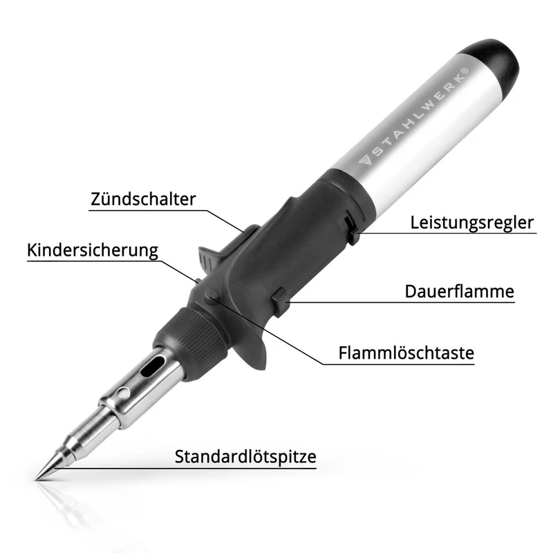 STAHLWERK Gas-Lötkolben GLK-500 ST 10-teiliges 3-in-1 Gas-Löt-Set | Lötgerät | Lötstation | Lötpistole mit 200 - 500°C Löttemperatur und 1.300°C Flammdüse für Heißluft-, Brand- und Lötarbeiten