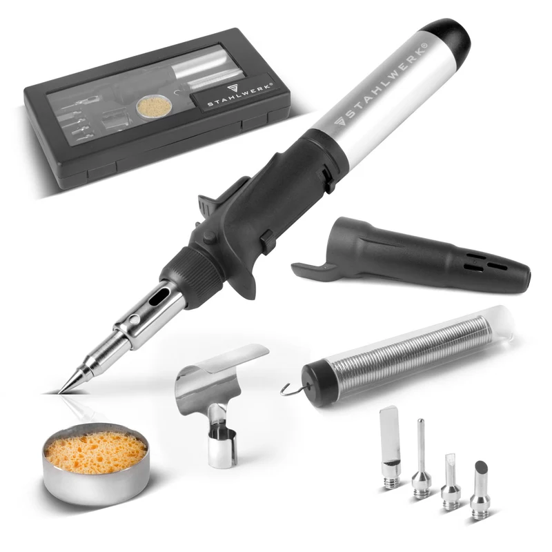 STAHLWERK Gas-Lötkolben GLK-500 ST 10-teiliges 3-in-1 Gas-Löt-Set | Lötgerät | Lötstation | Lötpistole mit 200 - 500°C Löttemperatur und 1.300°C Flammdüse für Heißluft-, Brand- und Lötarbeiten