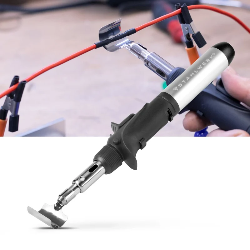 STAHLWERK Gas-Lötkolben GLK-500 ST 10-teiliges 3-in-1 Gas-Löt-Set | Lötgerät | Lötstation | Lötpistole mit 200 - 500°C Löttemperatur und 1.300°C Flammdüse für Heißluft-, Brand- und Lötarbeiten