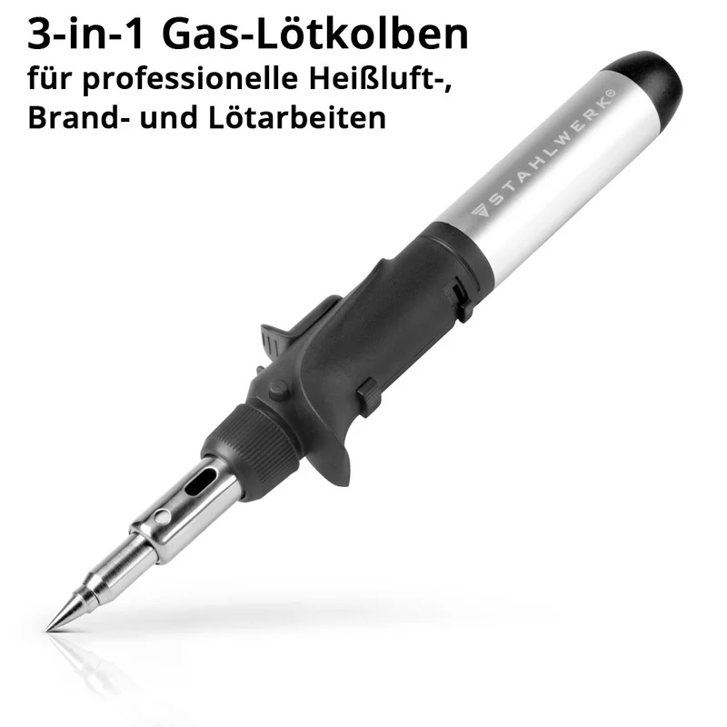 STAHLWERK Gas-Lötkolben GLK-500 ST 10-teiliges 3-in-1 Gas-Löt-Set | Lötgerät | Lötstation | Lötpistole mit 200 - 500°C Löttemperatur und 1.300°C Flammdüse für Heißluft-, Brand- und Lötarbeiten