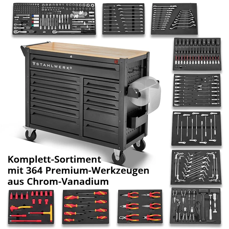 STAHLWERK Werkstattwagen DINO bestückt mit 364 Premium-Werkzeugen aus Chrom-Vanadium abschließbarer XXL Werkzeugwagen | Profi Montagewagen mit 12 Schubladen und gummierten Long-Life-Rollen