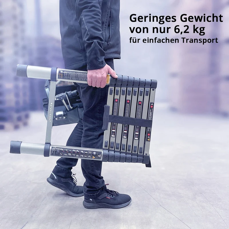 STAHLWERK Teleskopleiter TL-260 ST mit 150 kg Tragkraft und 2,60 m Maximallänge, ausziehbare Aluminiumleiter | Anlegeleiter | Sprossenleiter mit rutschfesten Sprossen inklusive 7 Jahre Hersteller-Garantie