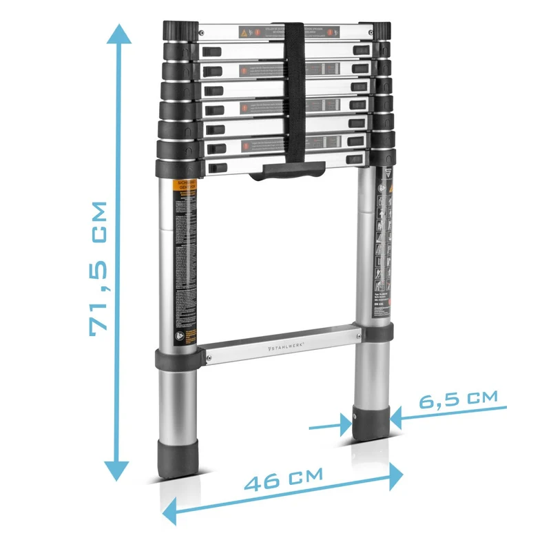 STAHLWERK Teleskopleiter TL-260 ST mit 150 kg Tragkraft und 2,60 m Maximallänge, ausziehbare Aluminiumleiter | Anlegeleiter | Sprossenleiter mit rutschfesten Sprossen inklusive 7 Jahre Hersteller-Garantie