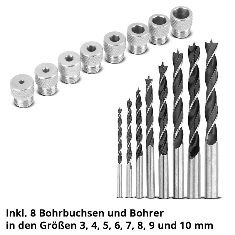STAHLWERK Dübellehren-Set mit Bohrbuchsen und Bohrern 3 | 4 | 5 | 6 | 7 | 8 | 9 | 10 mm Selbstzentrierende Dübelhilfe | Dübellehre | Bohrschablone | Bohrführung | Bohrhilfe | Bohrlehre für Holzdübel