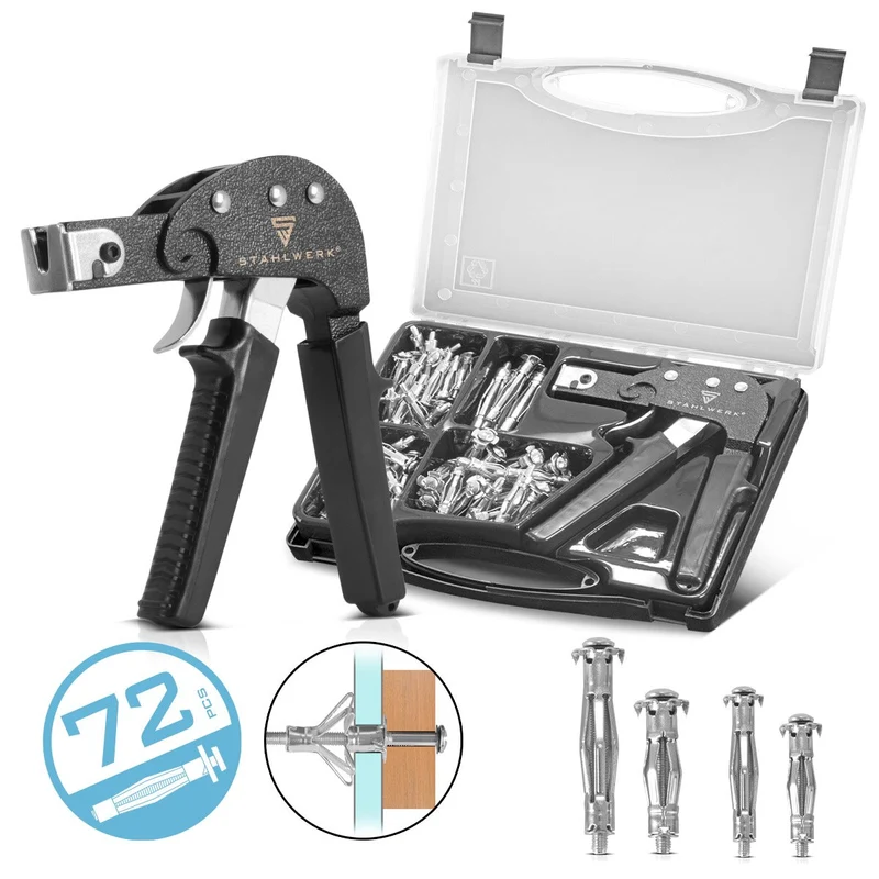 STAHLWERK Hohlraumdübel-Zange im Set mit Metall-Hohlraumdübeln M4 x 32 | M4 x 38 | M5 x37 | M5 x 52 | 72-teiliges Metalldübel-Set mit Dübel-Zange für Trockenbau-Arbeiten