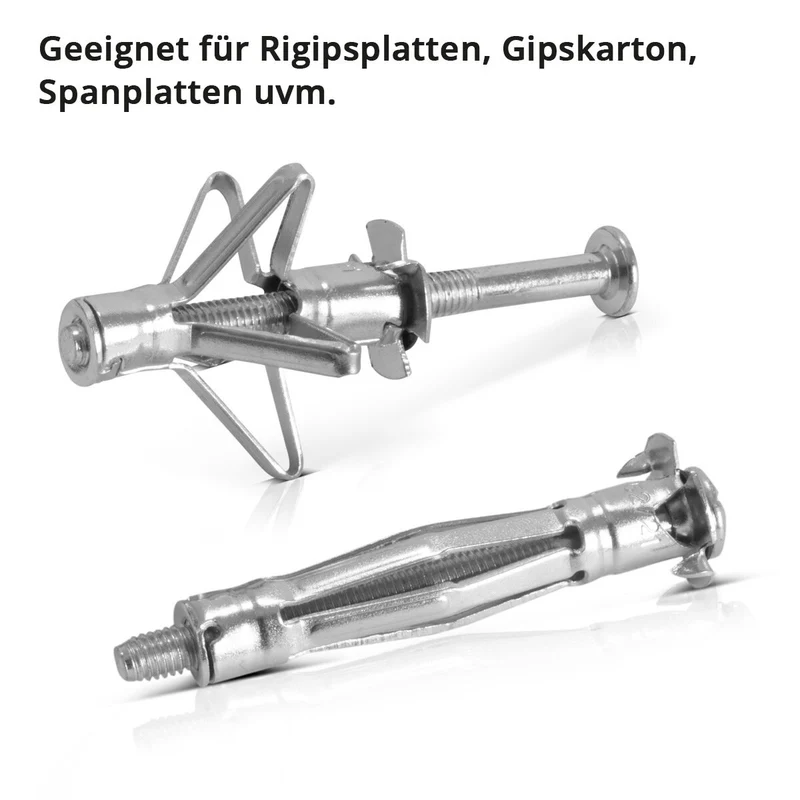 STAHLWERK Metall-Hohlraumdübel 141-teiliges Set M4 x 32 | M4 x 38 | M4 x 46 | M5 x 37 | M5 x 52 | M5 x 65 | M6 x 37 | M6 x 52 | M6 x 65 Metalldübel mit vormontierten Schrauben für Trockenbau-Arbeiten