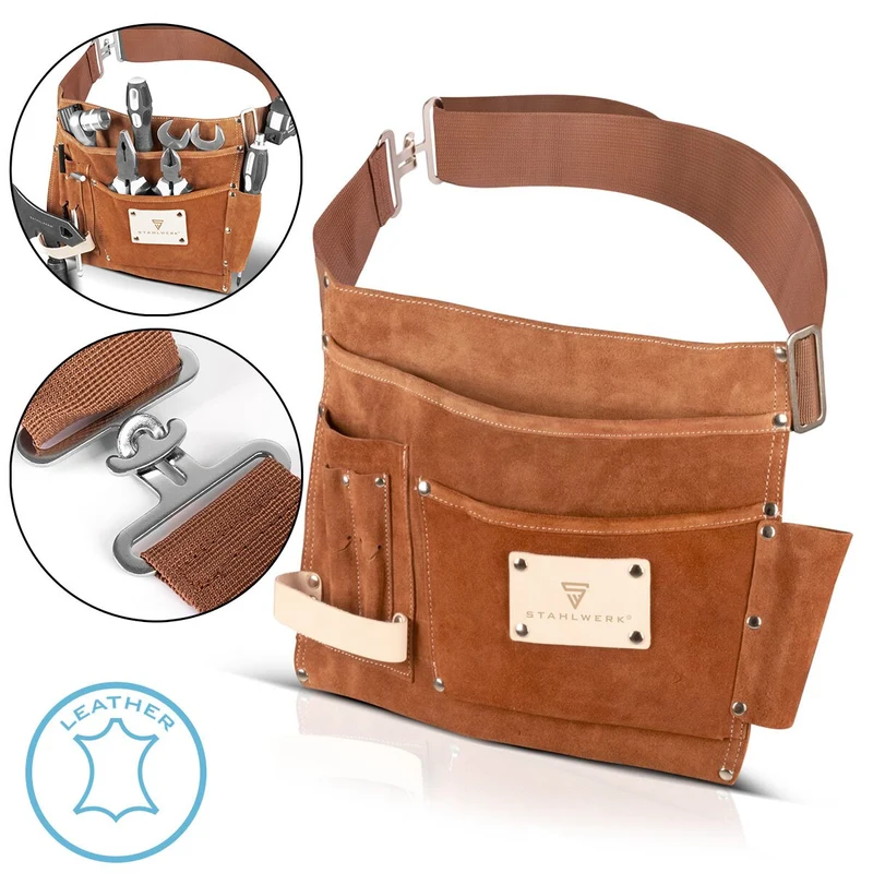 STAHLWERK Werkzeuggürtel aus echtem Wildleder mit 3 Taschen, 3 Einstecklaschen und 1 Hammerhalter | robuste Gürteltasche in widerstandsfähiger Verarbeitung | Werkzeugtasche mit einstellbarem Schnellverschluss-Gürtel