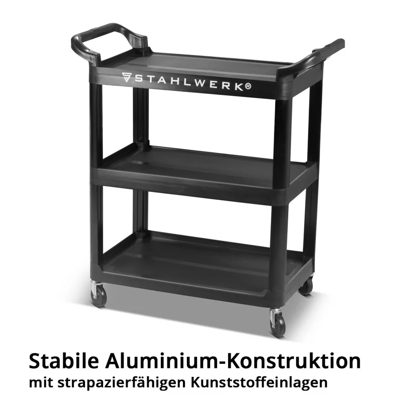 STAHLWERK Werkzeugwagen TC-92 ST mit 100 kg Tragkraft Werkstattwagen | Rollwagen | Transportwagen | Montagewagen | Plattformwagen | Etagenwagen mit 3 Ladeflächen und 2 Griffleisten