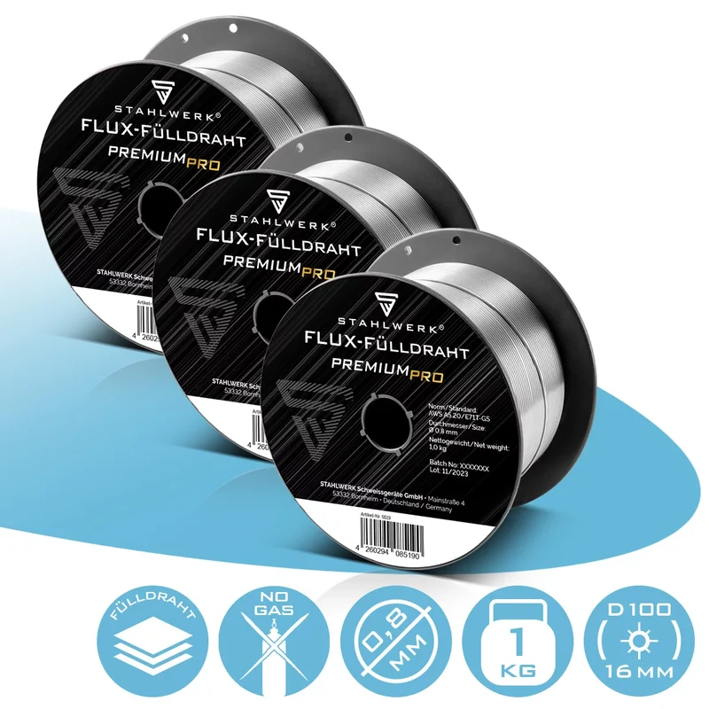 STAHLWERK 3 x MIG MAG Premium Schweißdraht - Fülldraht E71T-GS Ø 0,8 mm S100/ D100 Drahtrolle 1 kg / Flux-Fülldraht