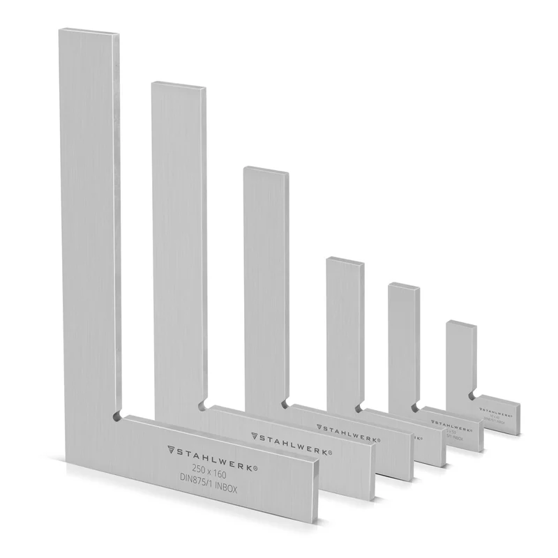 STAHLWERK Flachwinkel 90° Set 6-teilig DIN 875/1 Kontrollwinkel / Schlosserwinkel / Anschlagwinkel / Präzisionswinkel aus rostfreiem Edelstahl
