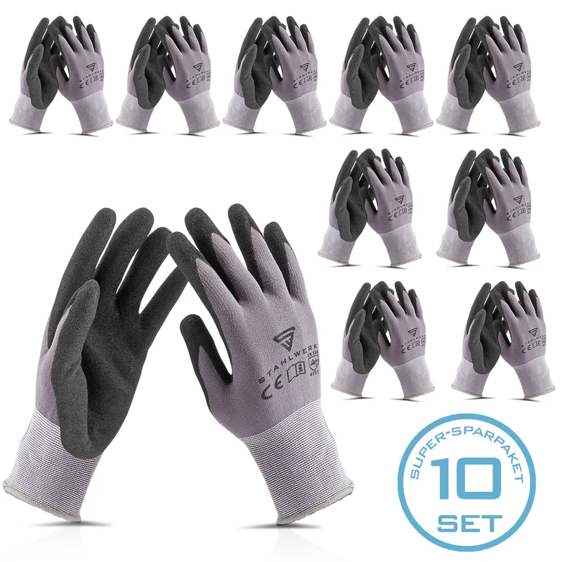 STAHLWERK Arbeits- und Montagehandschuhe Größe XL 10er Pack / Schutzkleidung / robust und strapazierfähig aus Nitrilkautschuk