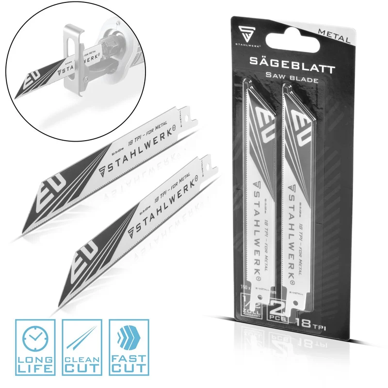 STAHLWERK Metall-Sägeblatt 2er Set 150 x 19 x 0,92 mm Long Life Säbelsägeblätter | Reciprosägeblätter mit 1/2 Zoll Aufnahme und 18 TPI für Säbelsägen | Reciprosägen | Stichsägen