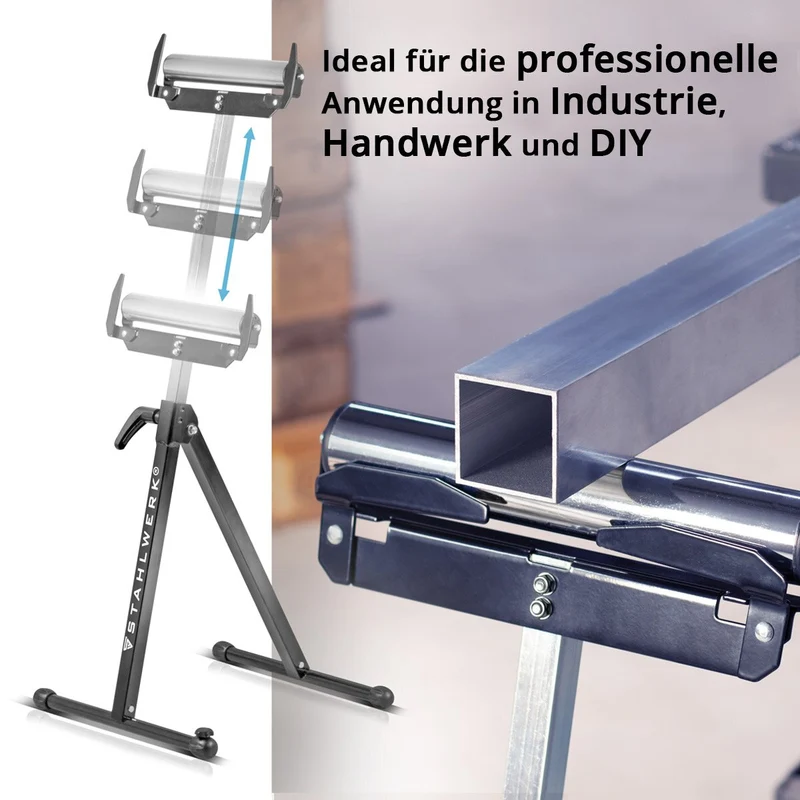 STAHLWERK Rollenbock RB-110 ST Arbeitsbock | Klappbock höhenverstellbar von 720 bis 1.100 mm mit 60 kg Tragkraft und Rollenauflage