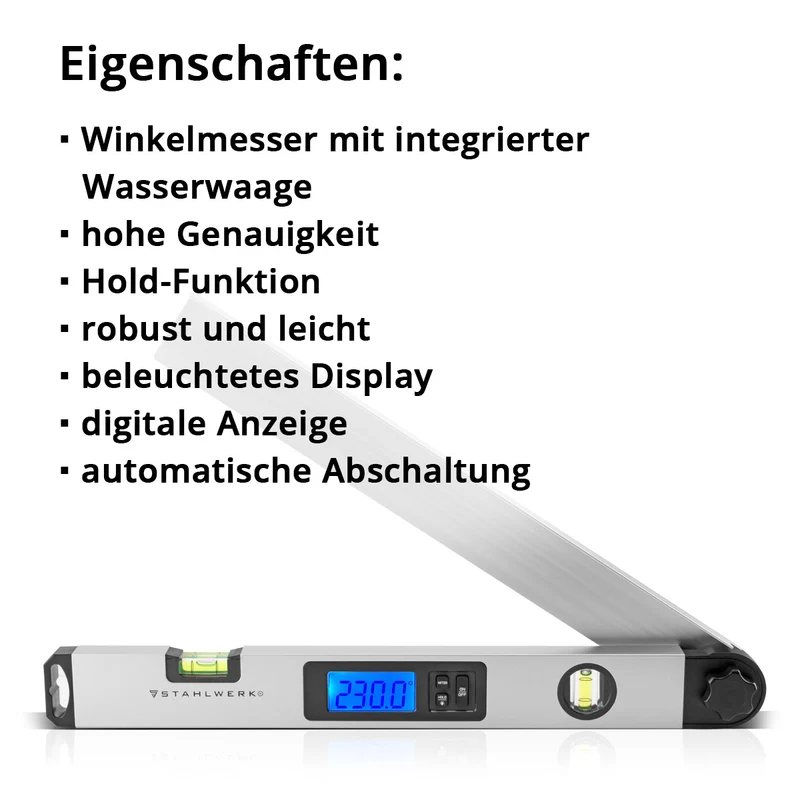 STAHLWERK DW-45 ST Digitaler Aluminium Winkelmesser / Präzisions-Winkelmessgerät / Gradmesser mit integrierter Wasserwaage, weiter Messbereich von 0-230 Grad, 450 mm, beleuchtetes LCD-Display mit Hold-Funktion und Gehrungswinkel-Berechnung