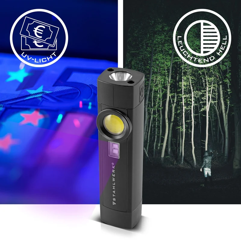 STAHLWERK LED Arbeitsleuchte AL-3 ST Leistungsstarke 5 Watt Taschenlampe / Werkstattlampe mit 4 Leucht-Modi inklusive UV-Licht, integriertem Akku, Magnet und USB-Anschluss