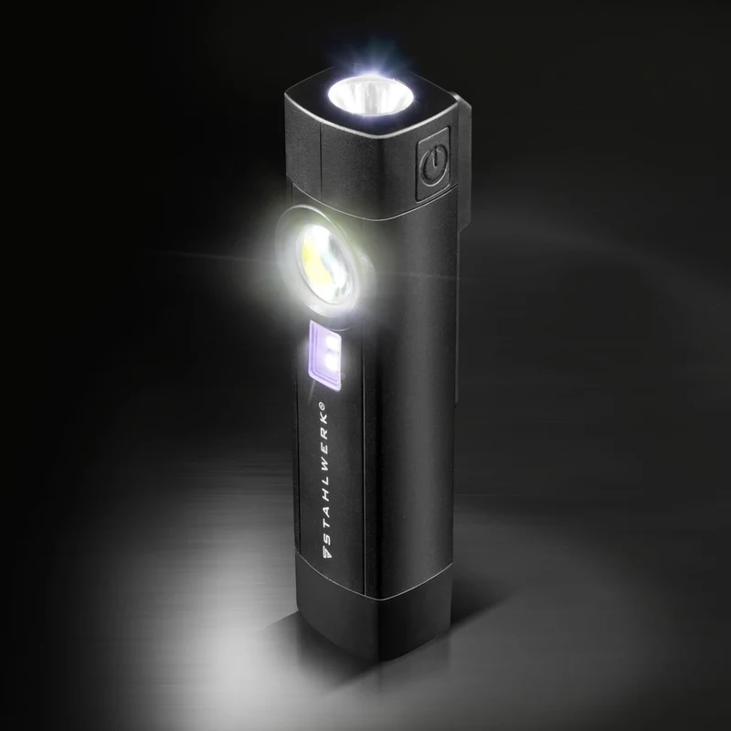 STAHLWERK LED Arbeitsleuchte AL-3 ST Leistungsstarke 5 Watt Taschenlampe / Werkstattlampe mit 4 Leucht-Modi inklusive UV-Licht, integriertem Akku, Magnet und USB-Anschluss