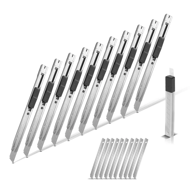 STAHLWERK Cuttermesser 10er Set mit 9 mm Abbrechklingen aus bruchfestem Carbon-Stahl präziser Cutter | Teppichmesser | Sicherheitsmesser | Paketmesser | Kartonmesser