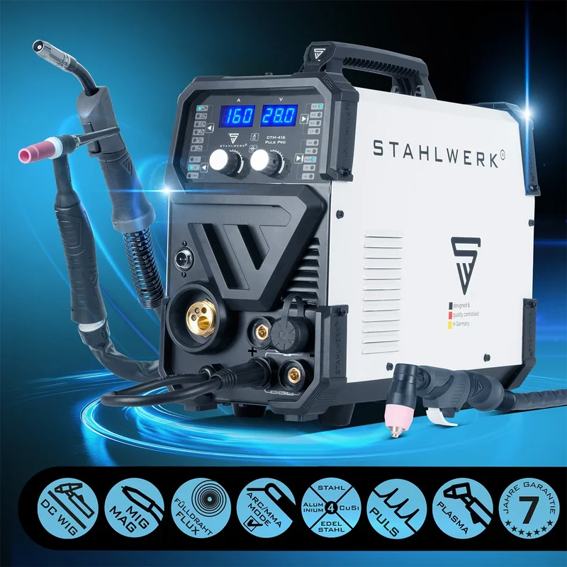 STAHLWERK Schweißgerät CTM-416 Puls Pro Vollausstattung 6-in-1 Schutzgas-Schweißgerät | Inverter mit 160 A, Puls-Funktion für Aluminium und 40 A Plasmaschneider CUT | WIG | MIG MAG | PULS | MMA | FLUX