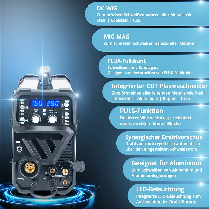 STAHLWERK Schweißgerät CTM-416 Puls Pro Vollausstattung 6-in-1 Schutzgas-Schweißgerät | Inverter mit 160 A, Puls-Funktion für Aluminium und 40 A Plasmaschneider CUT | WIG | MIG MAG | PULS | MMA | FLUX