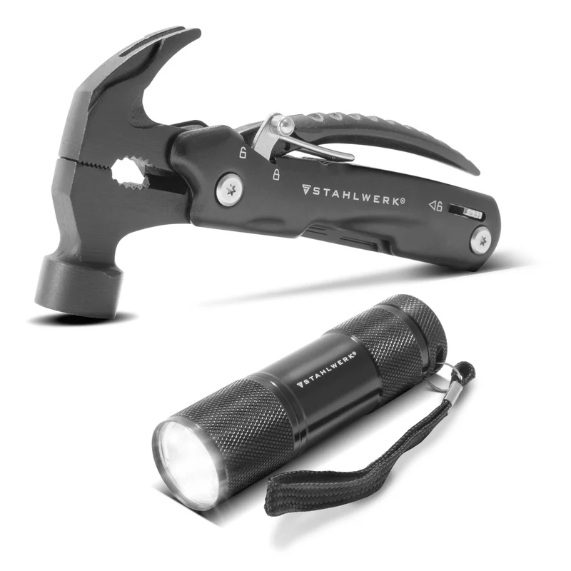 STAHLWERK Multitool mit 12 Werkzeugen, hochwertiges Taschenmesser / Klappmesser / Multifunktionswerkzeug mit Hammer, Messer, Säge, Feile, Kombizange, Schraubendreher etc. inklusive LED Taschenlampe