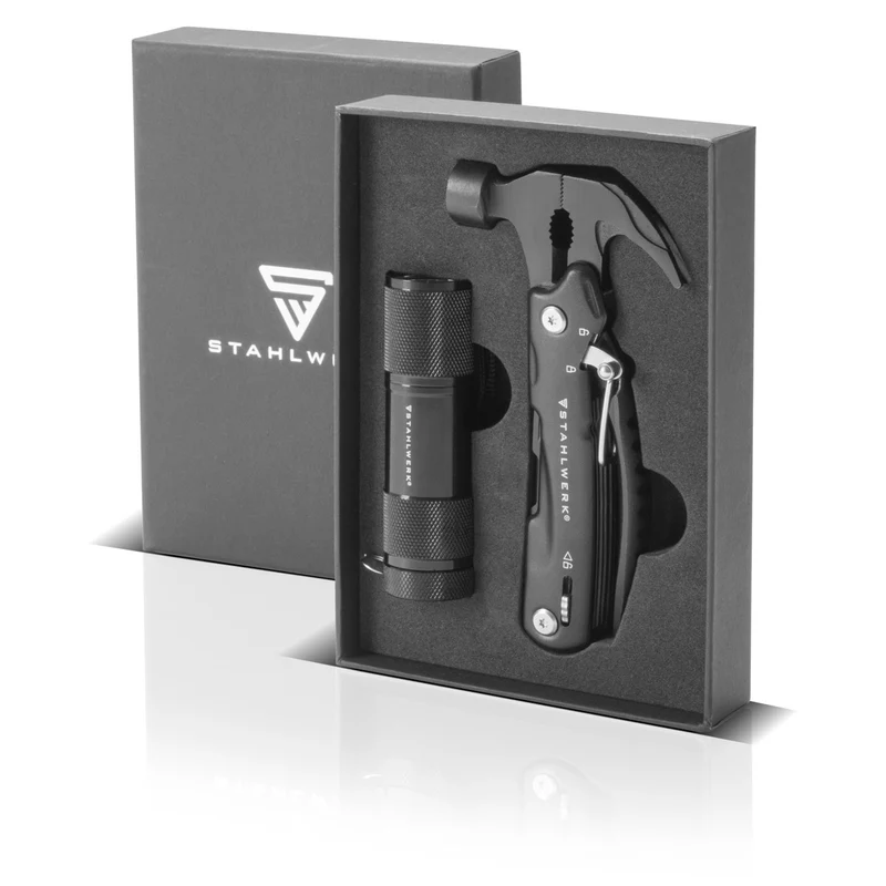 STAHLWERK Multitool mit 12 Werkzeugen, hochwertiges Taschenmesser / Klappmesser / Multifunktionswerkzeug mit Hammer, Messer, Säge, Feile, Kombizange, Schraubendreher etc. inklusive LED Taschenlampe