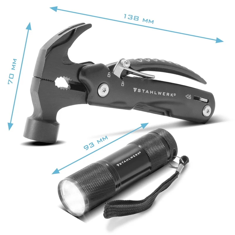 STAHLWERK Multitool mit 12 Werkzeugen, hochwertiges Taschenmesser / Klappmesser / Multifunktionswerkzeug mit Hammer, Messer, Säge, Feile, Kombizange, Schraubendreher etc. inklusive LED Taschenlampe