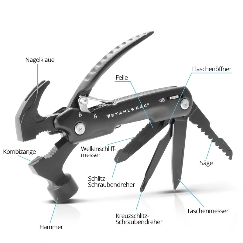 STAHLWERK Multitool mit 12 Werkzeugen, hochwertiges Taschenmesser / Klappmesser / Multifunktionswerkzeug mit Hammer, Messer, Säge, Feile, Kombizange, Schraubendreher etc. inklusive LED Taschenlampe