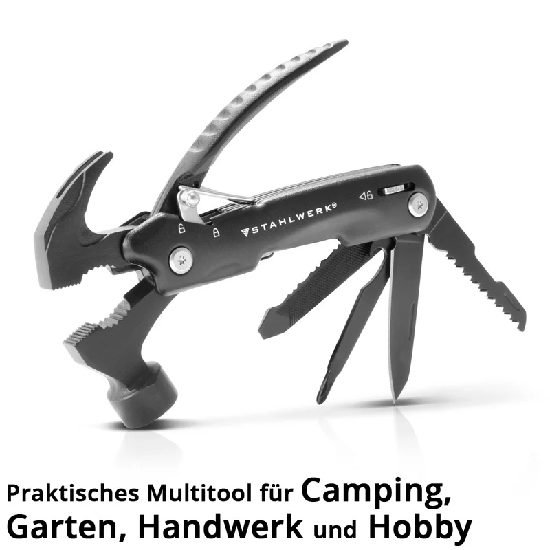 STAHLWERK Multitool mit 12 Werkzeugen, hochwertiges Taschenmesser / Klappmesser / Multifunktionswerkzeug mit Hammer, Messer, Säge, Feile, Kombizange, Schraubendreher etc. inklusive LED Taschenlampe