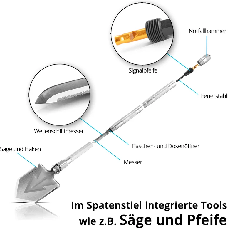 STAHLWERK Multitool / Multifunktionswerkzeug / Outdoor Survival Kit mit Klappspaten, Multifunktions-Messer, Säge, Notfallhammer und Signalpfeife mit Feuerstahl