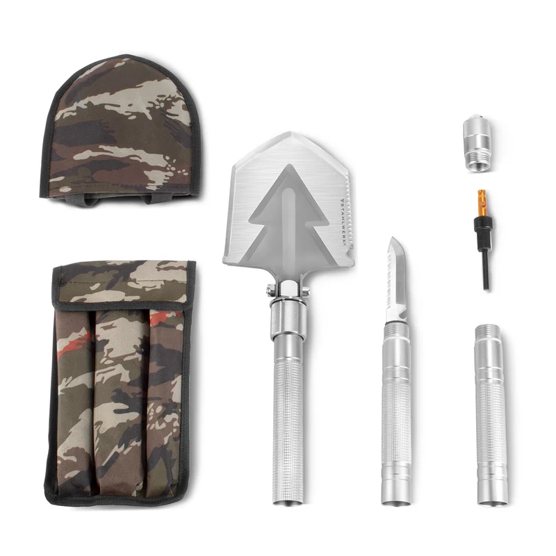 STAHLWERK Multitool / Multifunktionswerkzeug / Outdoor Survival Kit mit Klappspaten, Multifunktions-Messer, Säge, Notfallhammer und Signalpfeife mit Feuerstahl